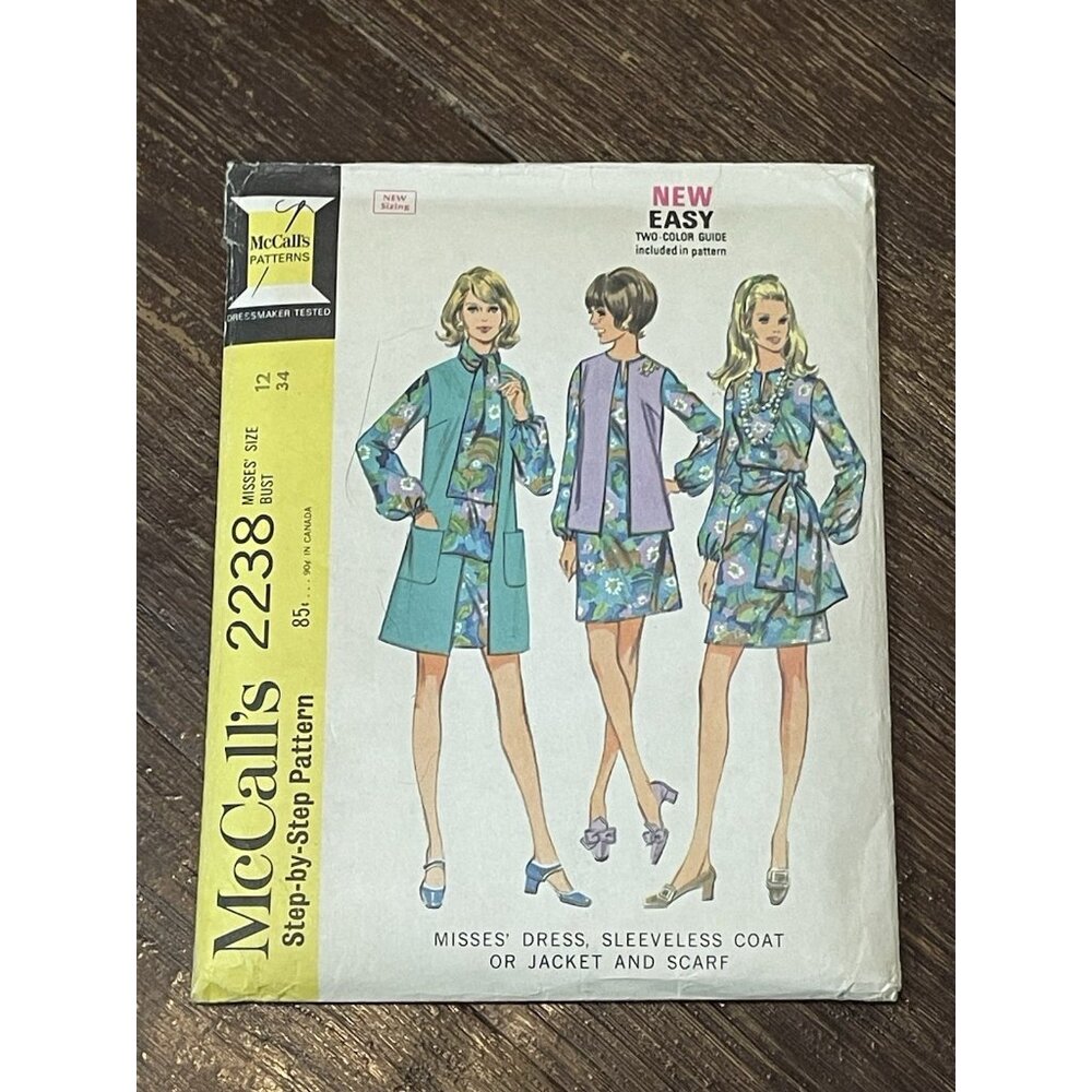 McCall's 2238 Pattern Vintage 1960s Misses Dress SL Coat Scarf Size 12 UNCUT